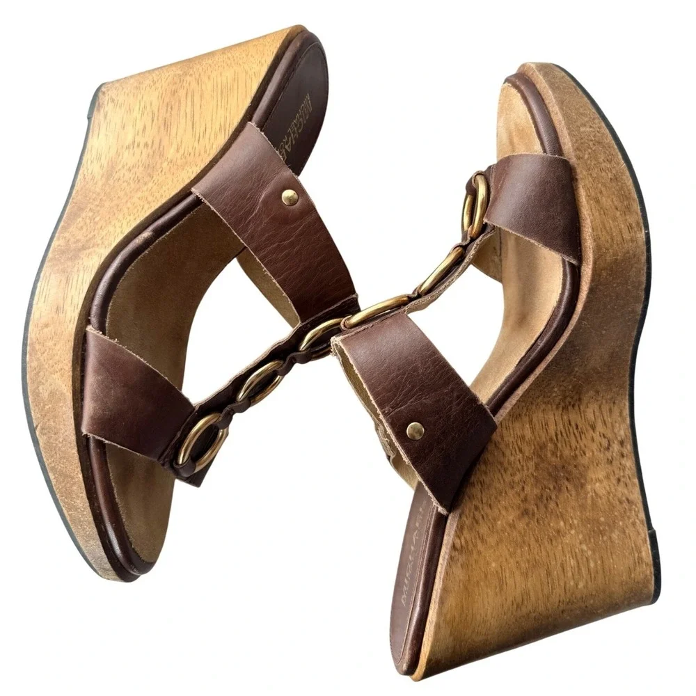 Y2K VTG Michael Kors Brown Leather Wood Wedge Platform Sandals Gold Rings 7.5M